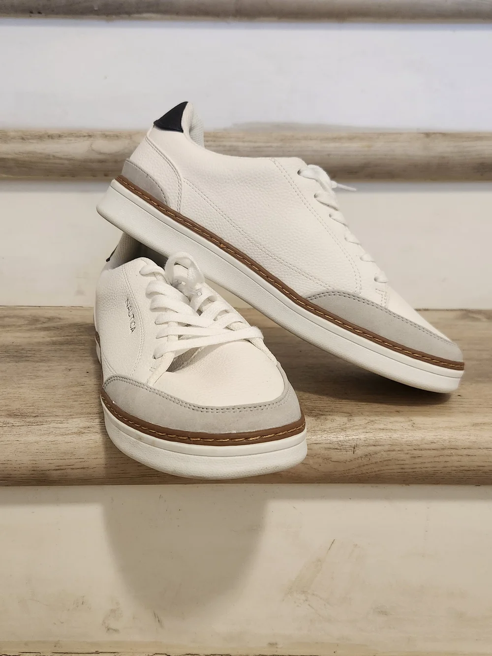 Nautica White Sneakers with Light Gray and Brown Trim